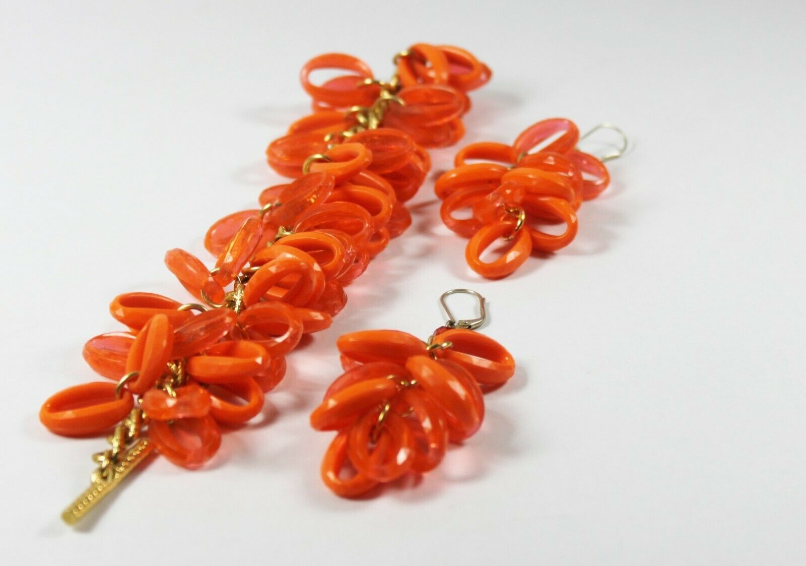 1960s Mod Hot Orange Cha Cha Plastic Bracelet Gold Link Earring Set Demi Parure
