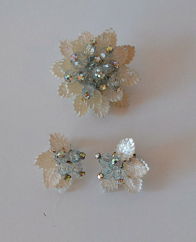 Vintage Set Molded Plastic Blue Crystal Layered Flower Brooch Pin & Earrings