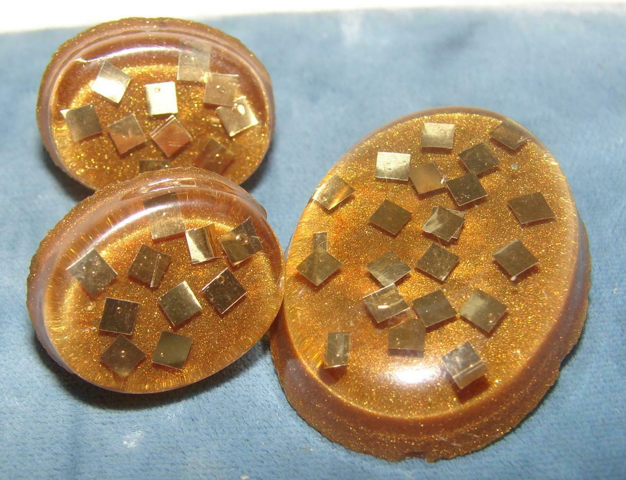Vintage Dark Brown Gold Glitter Lucite Pin & Matching Earrings Set